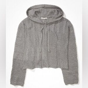 AE Gray Mix Stitch Hooded Semi-Cropped Sweater
